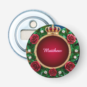 Luxe gouden kroonframe versierd met rozen button flesopener
