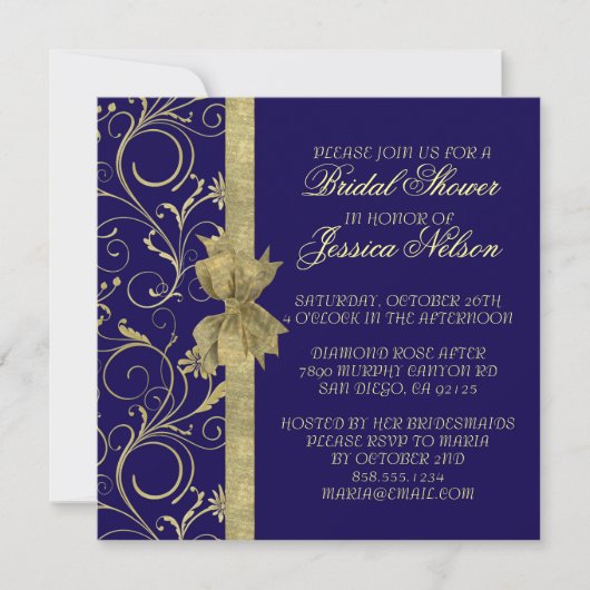 Luxe Gouden Lint Damast Blauwe Douche Invite Kaart (Voorkant)