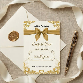 Luxe Gouden Lint & Strik Elegante Trouw Uitnodigin Kaart