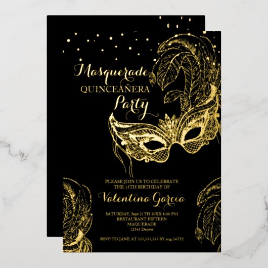 Luxe gouden maskerade Quinceañera Uitnodigen Folie Uitnodiging (Voorkant / Achterkant)