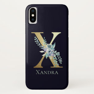 Luxe Gouden Monogram Letter X Bloem Blauw Naam iPhone X Hoesje