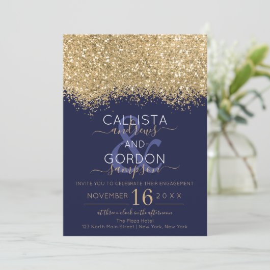 Luxe Gouden Navy Glitter Confetti Verloving Kaart (Staand voorkant)