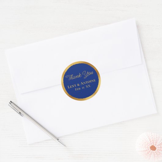 Luxe Gouden Rand Koninklijk Blauw Dank U Namen Dat Ronde Sticker (Envelop)