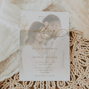 Luxe gouden script & portret bruiloft kaart