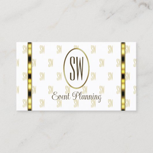 Luxe Gouden Strepen op Wit met Monogram Patroon Visitekaartje (Voorkant)