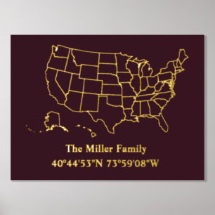 luxe gouden US kaart lengtegraad breedtegraad home Folie Afdrukken