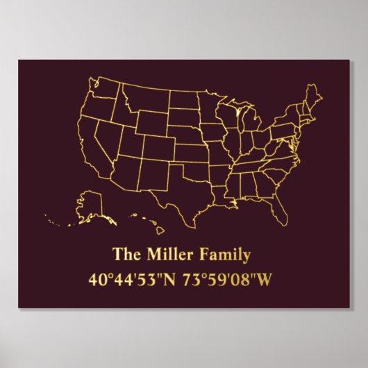 luxe gouden US kaart lengtegraad breedtegraad home Folie Afdrukken (Voorkant)
