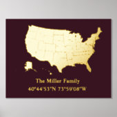 luxe gouden US kaart lengtegraad breedtegraad home Folie Afdrukken (Voorkant)