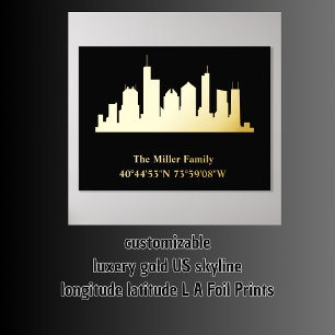 luxe gouden US skyline lengtegraad breedtegraad L Folie Afdrukken