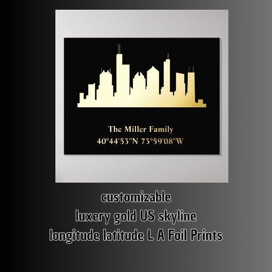 luxe gouden US skyline lengtegraad breedtegraad L Folie Afdrukken