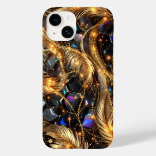 Luxe gouden veren en edelsteen sprankelpatroon Case-Mate iPhone 14 hoesje