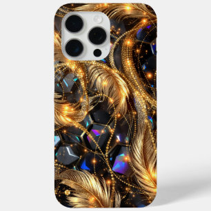Luxe gouden veren en edelsteen sprankelpatroon iPhone 15 pro max hoesje