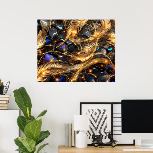 Luxe gouden veren en edelsteen sprankelpatroon poster