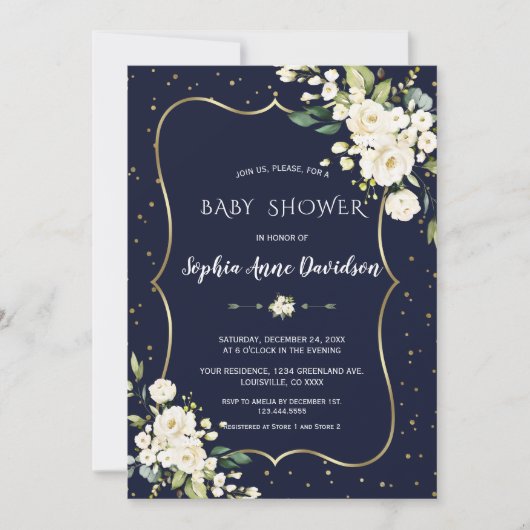 Luxe Gouden Witte Bloemen Navy Blauwe Baby Shower Kaart (Voorkant)