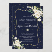 Luxe Gouden Witte Bloemen Navy Blauwe Baby Shower Kaart (Voorkant / Achterkant)
