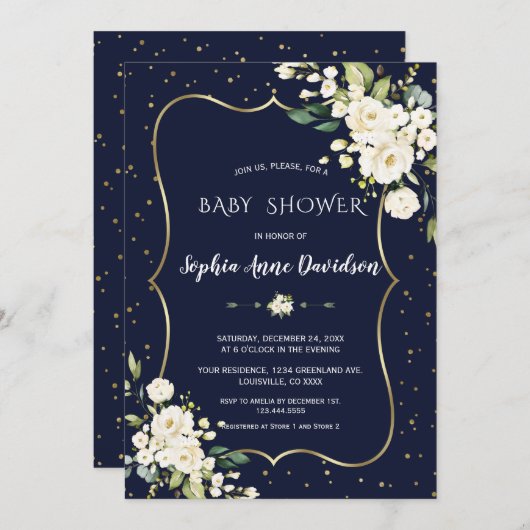Luxe Gouden Witte Bloemen Navy Blauwe Baby Shower Kaart (Voorkant / Achterkant)