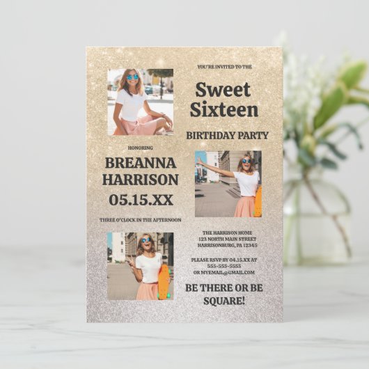 Luxe gouden zilveren glittergradiënt Foto Sweet 16 Kaart (Staand voorkant)