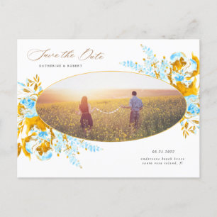 luxe goudturquoise floral save the date post briefkaart