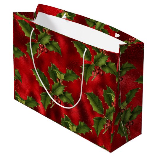 Luxe Green Holly, Red Berries Foil Grand sac cadea (Dos Angle)