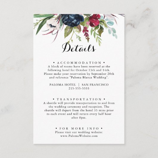 Luxe grillige Boho bloemenbruiloft Details Informatiekaartje (Voorkant)