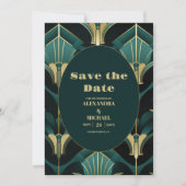 Luxe Groen en Goud Art Deco Bruiloft Save The Date (Voorkant)