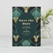 Luxe Groen en Goud Art Deco Bruiloft Save The Date (Staand voorkant)