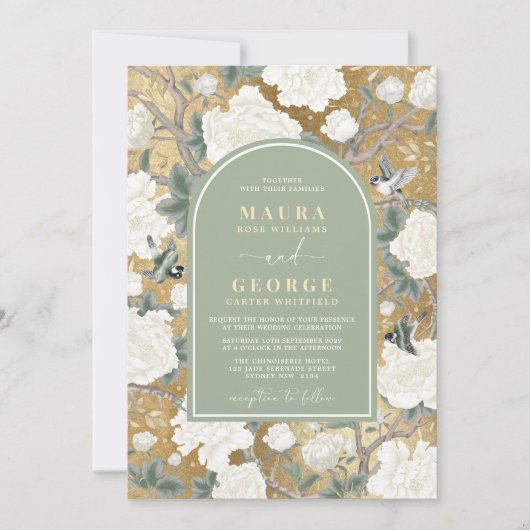 Luxe Groen Goud Chinoiserie Bloemvogels Bruiloft Kaart (Voorkant)