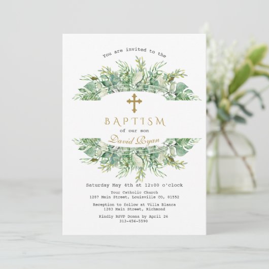 Luxe groen gouden kruisdoop kaart (Staand voorkant)