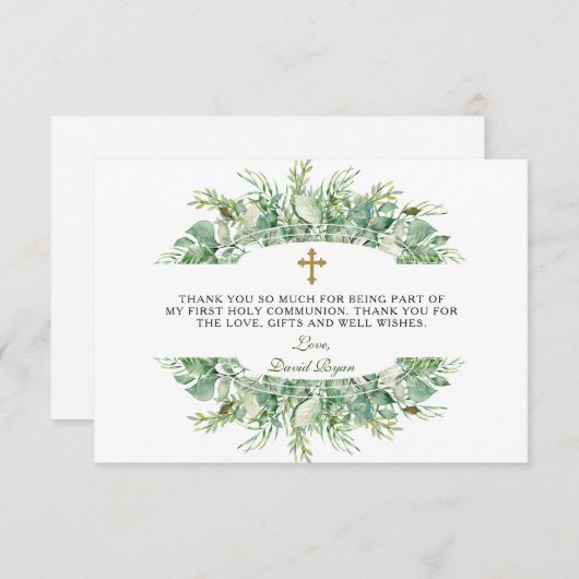 Luxe Groene Goud Kruis Heilige Communie Bedankkaart (Voorkant / Achterkant)