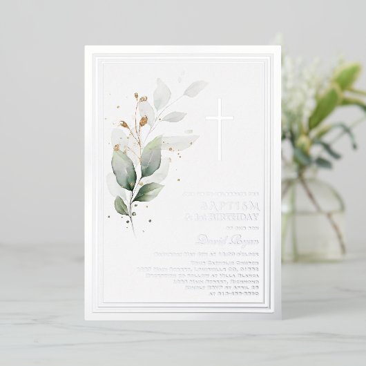 Luxe groenvoorziening Eucalyptus 1e verjaardag Doo Folie Uitnodiging (Staand Voorkant)