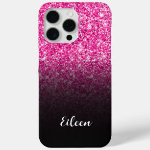 Luxe Hot Pink Glitter Zwarte Gradiënt iPhone 15 Pro Max Hoesje