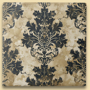 Luxe Ivory Damask Elegant Zwart Beige Tegeltje