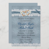 Luxe Kant Blauw Lint Harten Bruiloft Uitnodigen Kaart (Voorkant / Achterkant)