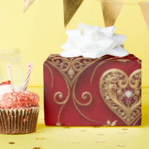 Luxe karmozijnrood en gouden filigraan juweel hart cadeaupapier