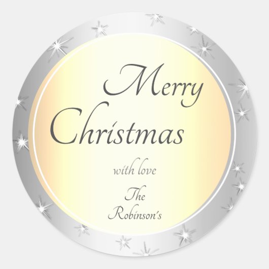 Luxe kerstgoud en zilver effect met sterren ronde sticker (Voorkant)