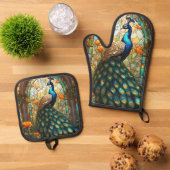 Luxe keuken: Glas in lood Peacock Ovenwant & Pannenlap Set (Top down)