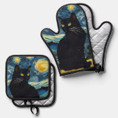 Luxe keuken: Zwarte kat Sterrennacht Van Gogh Ovenwant & Pannenlap Set (Voorkant / Achterkant)