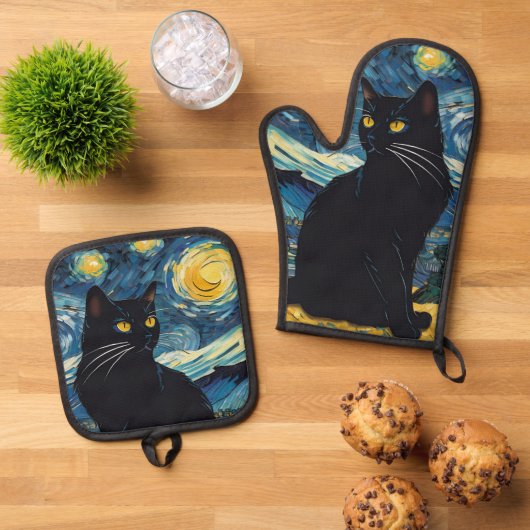 Luxe keuken: Zwarte kat Sterrennacht Van Gogh Ovenwant & Pannenlap Set (Top down)