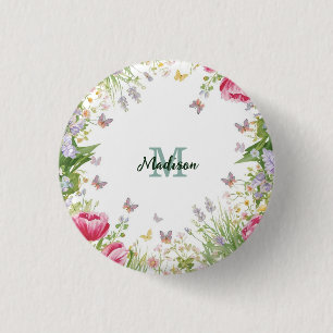 Luxe Kleurrijke Wilde Bloem blauwe vlinder Ronde Button 3,2 Cm