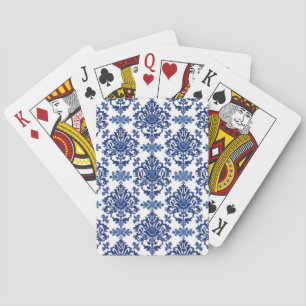Luxe Koningsblauw en Wit Barok Bloemmotief Pokerkaarten