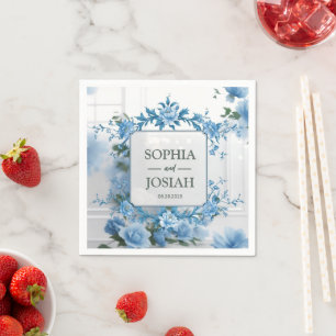 Luxe Koninklijk Blauw en Wit Barok Bloemmotief Servet