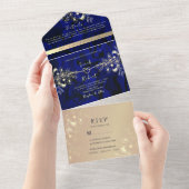 Luxe Koninklijke Blauwe en Gouden bruiloft All In One Uitnodiging (Afscheurbaar)