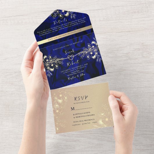 Luxe Koninklijke Blauwe en Gouden bruiloft All In One Uitnodiging (Afscheurbaar)
