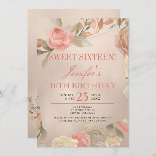 Luxe Koraal Goud Perzik Bloemige FOTO Sweet Sixtee Kaart (Voorkant / Achterkant)