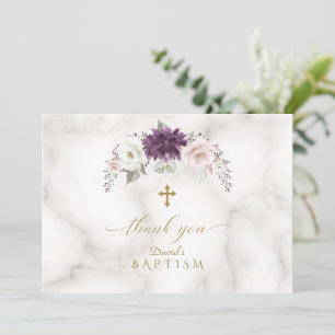 Luxe Lavendel Roze Bloemen Gouden Kruis Doop  Bedankkaart