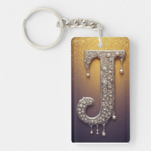 Luxe Letter J Monogram in Diamant, Parel Goud Sleutelhanger