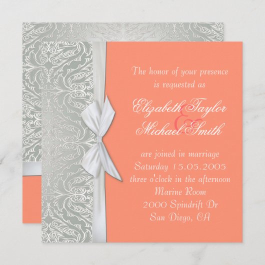 Luxe lint zilver/koraal damast bruiloft uitnodigen kaart (Voorkant / Achterkant)