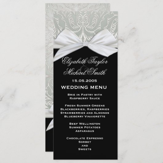 Luxe lint zilver/zwart damast bruiloft menu (Voorkant / Achterkant)