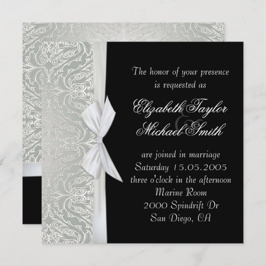 Luxe lint zilver/zwart damast bruiloft uitnodigen kaart (Voorkant / Achterkant)