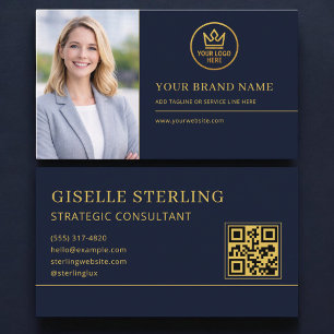 Luxe Logo Blauw Goud Foto QR Code Visitekaartje